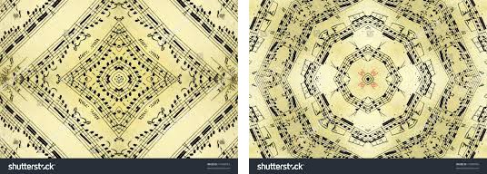 Figure 9: Metaphorical visual representation of the geometrical fractal dimension of music, in a kaleidoscope/mirror staging, where pieces of music sheet representing sounds are reflected and repeated.