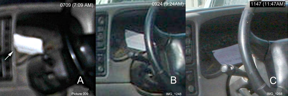 Figure 12: Images taken at different times of the victim’s truck instrument panel with the love card (see Figure 13). A. Image taken at 0709 (7:09 AM); the time stamp is likely off by an hour would mean this image was taken at 0607 or within an hour of the victim’s death. This image is out of focus. However, there is enough focus and resolution to show that the card is slightly bent at the arrow and positioned with its left side propped on the side of the instrument panel and its right lower corner on the steering column base bracket. Image sharpened by Photoshop/Filter/Sharpen/Unsharp Mask. B. Image taken at 0924 (9:24 AM) and is enlarged by pixel addition (Photoshop/Image//Image Size/Pixel Dimensions – pixels added), but due to low resolution of the original image, is pixilated. The card is now fully on the instrument panel. It is in this card position that a secondary transfer bloodstain occurred (Figure 12B). C. By 1147 (11:47 AM), the card had shifted from the position shown in B.