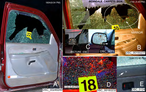 Figure 3: A. The driver side interior door of the victim’s truck showing the windows tempered glass fracture mosaic. B. The image of the interior door window had been red enhanced using Photoshop/Image/Adjustments/ Color Balance to show extensive blood/tissue spattering on the window. C. Two images of the driver side door mirror, which show extensive tissue spattering. D. Close- up of the window where red was enhanced in Photoshop/ Image/Adjustments/Color Balance to show detail of the coating of blood and tissue at the lower left part of the window circled in B. E. The victim’s earring base attached to the windowsill at the arrow; only small blood spatters are nearby.