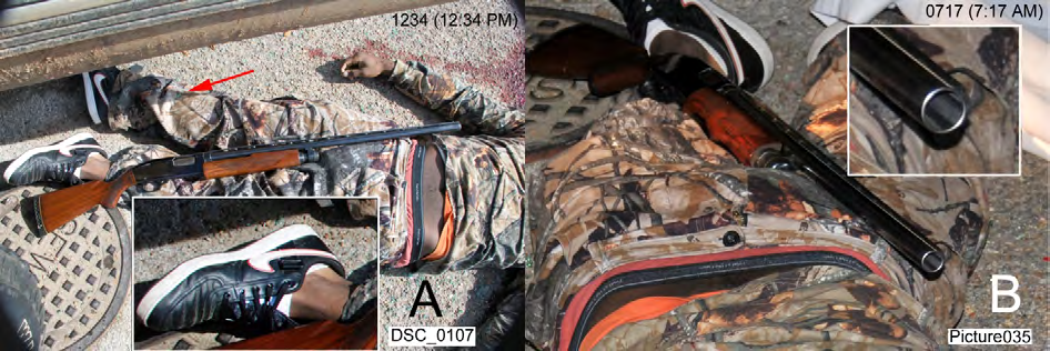 Figure 6: The Sears M200 12 gauge shotgun. A. Despite being identified as the source of the fatal wound to the victim, the shotgun had no associated blood or tissue; inset: enlargement of the victim’s left shoe showed no associated glass shards. Arrow points to the single glass shard on victim’s pant leg. B. Another view of the shotgun; tissue and blood would be expected to cover the victim’s shotgun if this was the shotgun used in his death. Inset: no blood of tissue was evident in the bore of the shotgun.