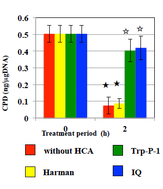 Figure 5: Effects of HCAs and Harman on CPD induced by UV in WK1 cells. CPDs were detected immediately after UV irradiation at 10 J/m2 and after the culture for 2 h with HCAs and Harman following to UV irradiation. The error bars indicate standard deviation of the mean of three independent trials. ★ Significantly lower than HCA 0-h treatment control: p<0.05. ☆Significantly higher than HCA-free control at 2 h: p<0.05.