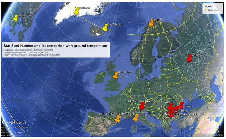 Figure 18: Google Earth map with stations from the Northern Hemisphere, the markers for which are colored depending on the magnitude of the correlation coefficient between surface air temperature and SSN for the phase “rise” of the solar cycles. With red color – a very high statistically significant correlation; with orange color high statistically significant correlation, with yellow color – a statistically insignificant correlation.