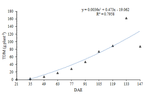 Figure 3: Total dry mass (TDM), in grams per plant, of the broad bean cultivated during the winter-spring period in Florianópolis-SC, Brazil, measured at various temporal points: at 21, 35, 49, 63, 77, 91, 105, 119, 133, and 147 days after emergence (DAE).