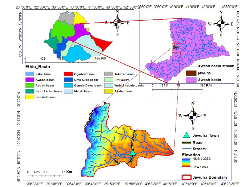 Figure 1: Location of the study area. The topography of the Jewuha watershed is characterized by diverse topographic conditions. The upper part of the watershed is characterized by mountainous and highly separated terrain with steep slopes and the downstream part is a gentle slope that is suitable for agricultural activity, with elevation ranges from 3555m in the mountainous area to 1101m in the lowland. The general topography of the catchments is undulating hills and flats.