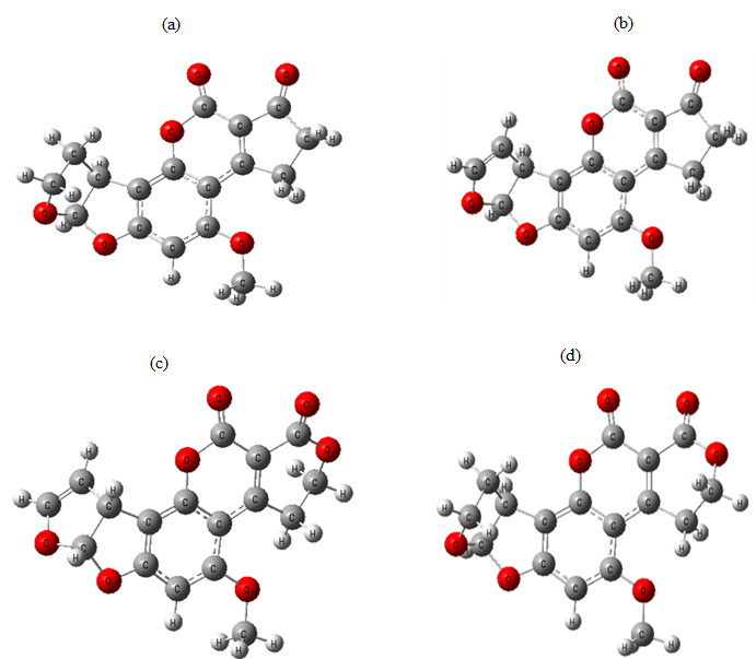 Figure 2: Optimized structures of (a) Aflatoxin B1, (b) Aflatoxin B2, (c) Aflatoxin G1, and (d) Aflatoxin G2 calculated by B3LYP/6-311G (d, p) level of theory in the gas phase.
