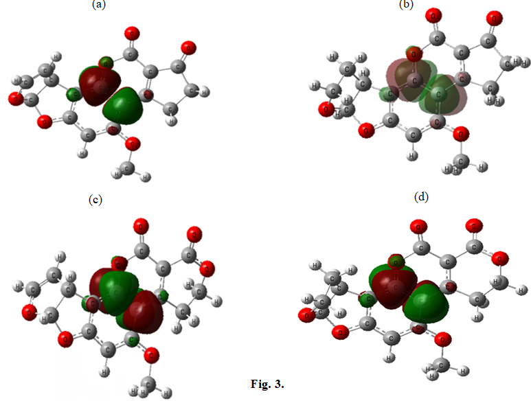 Figure 3: LUMO structures of (a) Aflatoxin B1, (b) Aflatoxin B2, (c) Aflatoxin G1, and (d) Aflatoxin G2 calculated by B3LYP/6-311G (d, p) level of theory in the gas phase