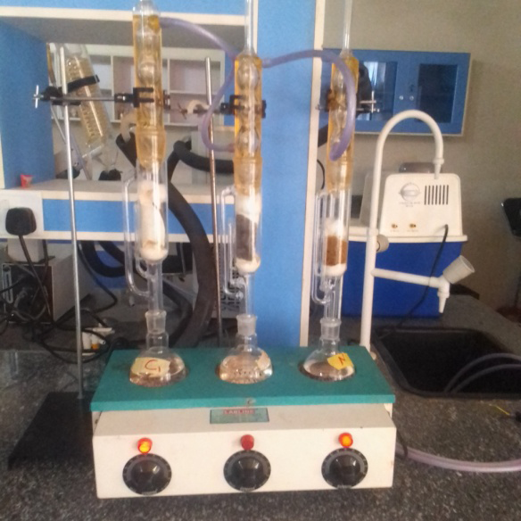 Figure 2: The Soxhlet extraction setup consisting of a heating mantle, boiling flask, sox let, and cold water condenser.