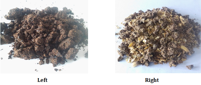 Figure 4: The Castor seed cake/shell mixture biomass (left) and the Neem seed cake/shell mixture biomass (right).