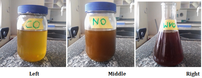 Figure 5: The Castor oil extracted with n-hexane (left) and the Neem oil extracted with n-hexane (middle) and Waste cooking or waste vegetable oil (right).