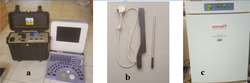 Figure 1: Permanent equipment used for the IVEP procedure (a=aspiration pump & ultrasonic monitor, b=ultrasound probe and needle holder, c=CO2 incubator).