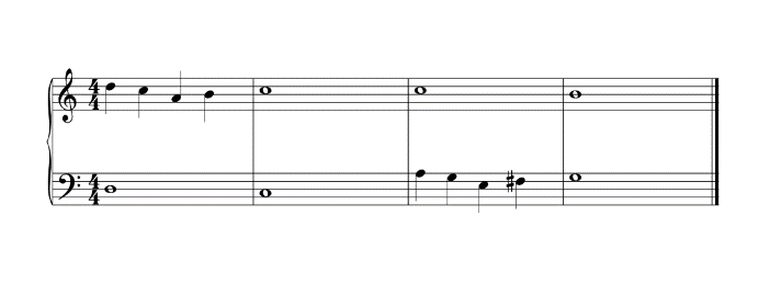 Figure 2: Example of exercise for counterpoint of third kind, borrowed from Fux (1725). Here, a demonstration is given of the nota cambiata procedure (see text), in order to avoid a dissonance in the third note, used for establishing the diminution of the fifth (intervals) (J.J. Fux, op. cited, p. 38).