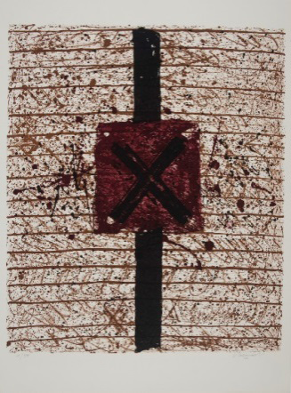 Figure 7: Photograph of an exhibition poster of the graphics work by L. Hoenraet (1985, no title). The symbol on the forefront has a dual, discomforting effect: is the ‘crossing-out’ referring to the religious connotation of the symbol, or does it belong to the enfolding act of finalizing the work of art, literally a crossing out of the work of art? The enfolding-unfolding paradigm here appears as a heuristic tool, similar to the Coincidentia oppositorium of Cusa (see text) or the mystical ‘experience of the non- experience’ in polyphonic singing (B. Schmelzer, 2024) [36].