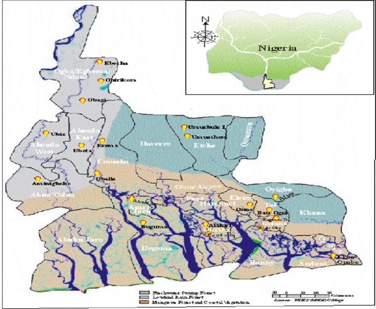 Figure 1: Rivers State Map; Coastal Main Oil facility Locations.