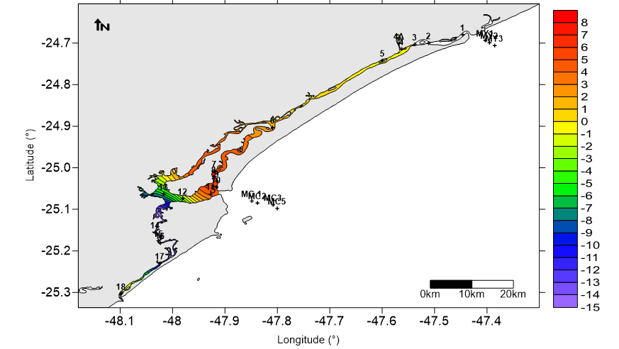 Figure 5: Difference of values of salinity in surface water (summer subtracted winter).