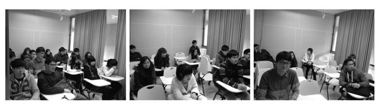 Figure 5: Different number of participants and spatial densities of the classroom (from left to right): 6 participants (30% spatial density), 8 (50%), and 15 (100%).