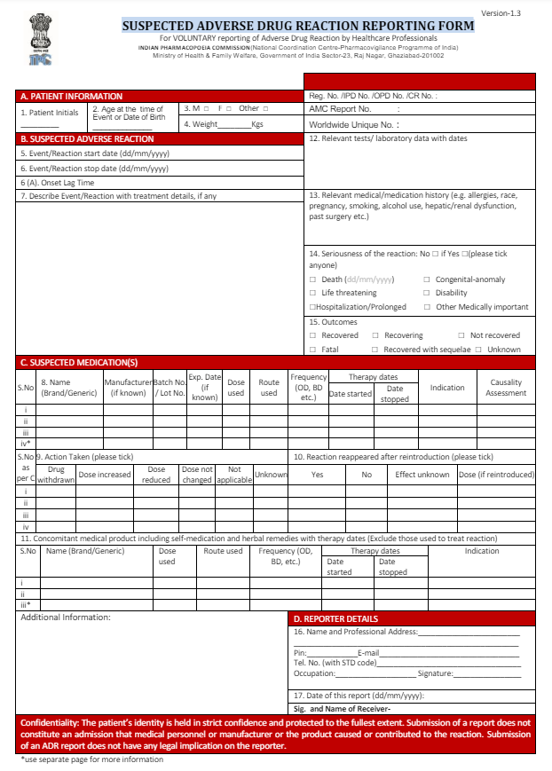 Figure 2: Suspected ADRs reporting form (for HCPs- Health Care Professionals).