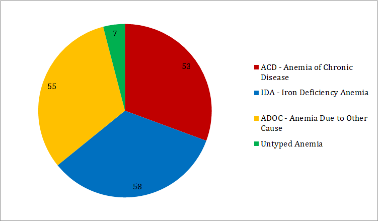 Figure 1: Pie Chart Including the Number of Patients Categorized into Four Groups with Anemia of Chronic Disease, Iron Deficiency Anemia, Anemia Due to Other Cause, Untyped Anemia.