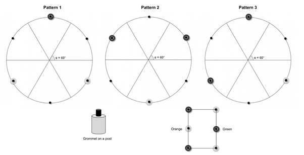 Figure 1: Three peg transfer patterns, which the participant could be asked to recreate.
