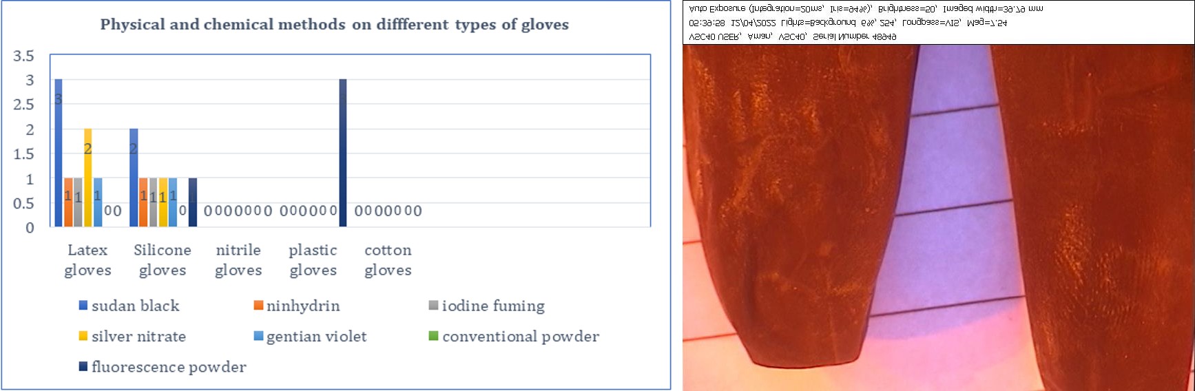 Figure 2: Sudan Black Method Used on Latex Gloves; Captured in UV Light.