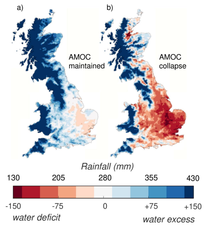 Figure 3: Implications of an AMOC Collapse on Rainfall Availability in the UK [37].