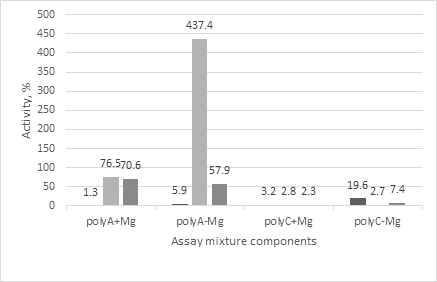 Figure 4: Degradation of poly A or poly C in the absence or in the presence of magnesium cations with the control serum (first bars) and the serums obtained right after (second bars) or two hours later (third bars) the nuclease injection into the mice.