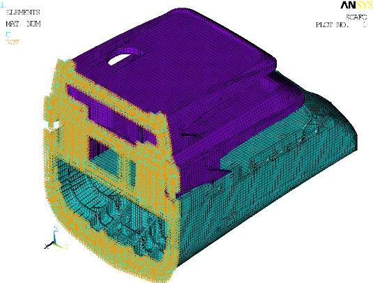 Figure 15: View of the complete mesh. Calculations have been carried out for different model configurations in order to evaluate which difference each case could imply on the results. The following cases have been investigated: - Two complete models with different outfitting conditions: Model A: complete model of hull and superstructures. In this case only steel and aluminium structures have been considered without any kind of outfitting (no outfitting "n.o." case). Model B: complete model of hull and superstructures including the weight of outfitting and machineries (with outfitting "w.o." case). - Two partial models (stern part): Model C: partial model extended from, approximately, midship section to stern. In this model no outfitting components have been included; only steel and an aluminium structure has been modelled. Model D: same numerical model as case "C" but with outfitting and machinery weights. - Six single deck numerical models: Model E: main deck single model without outfitting. The model includes the hull structures from bottom to main deck. Model F: main deck single model with outfitting. Model G: upper deck single model without outfitting. Model H: upper deck single model with outfitting. Model I: sun deck single model without outfitting. Model L: upper deck single model with outfitting. These six last models (single decks) have been used for comparison with the experimental results measured on the real structure under construction in same conditions (only structures). The same comparisons have been carried out on the hull components when only the structure was built before outfitting. For models with outfitting, on each deck a distributed load has been applied corresponding to the finishing and outfit weight (about 300 N/m2); on the main deck the concentrated load of the tender crane in the garage has been considered as well. The tender garage is located in the stern area below the main deck. The yacht mass has been increased in way of 80% of displacement to take into consideration the water added mass. The "C" and "D" numerical models have been constrained in correspondence of section n.17 where the complete hull has been "cut". All nodes located on this section have been completely clamped, thus forcing the structure to behave as a cantilever (Figure 16). Constraints are located far enough from the area of interest; as a consequence the constraint effect on the results of the analysis can be assumed irrelevant. Same solution has been assumed for single deck models; in Figures 17 and 18 the upper and sun deck constraint schemes are shown.