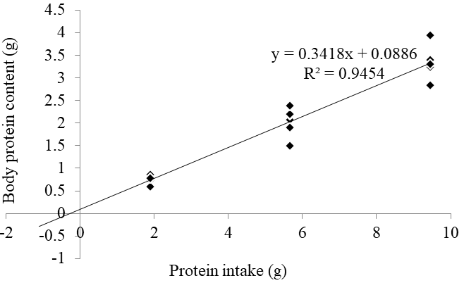 Figure 3: Relationship between the body weight and protein intake with pig feed.