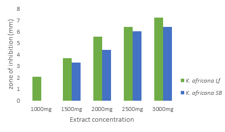 Figure 3: Inhibitory effect of _K._ _africana_ Aqueous extract against the test organism.