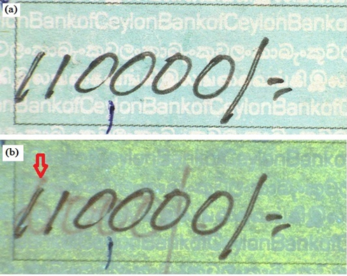 Figure 2: A: Value Observed on the questioned Check under Normal Light. B: Value Observed Under CV Radiation (254nm), The Arrow Indicates the Previous Writings.