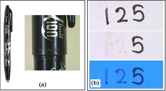 Figure 3: A: The Suspected Pen; B: Writings Made with this Pen, Followed by Physical Erasure and Appearance under UV Radiation (365nm).