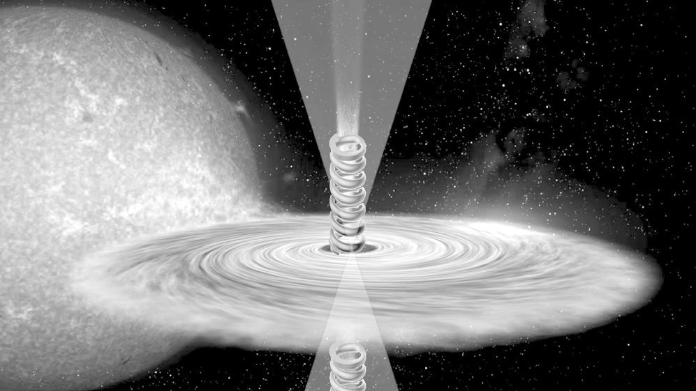 Figure 1: Illustration: Stardust spirals out from a black hole in two opposing directions.