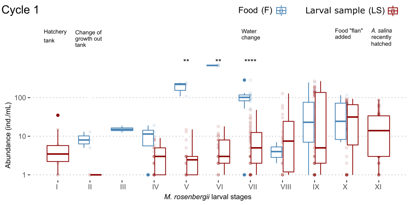 Figure 2: Variation in the total abundance of organisms associated with the cultured Macrobrachium rosenbergii during cycle 1 in food (F) and larval sample (LS).