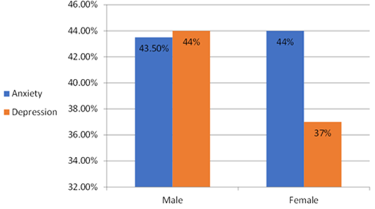 Figure 1: Distribution of anxiety and depression levels according to the sex of the patients.