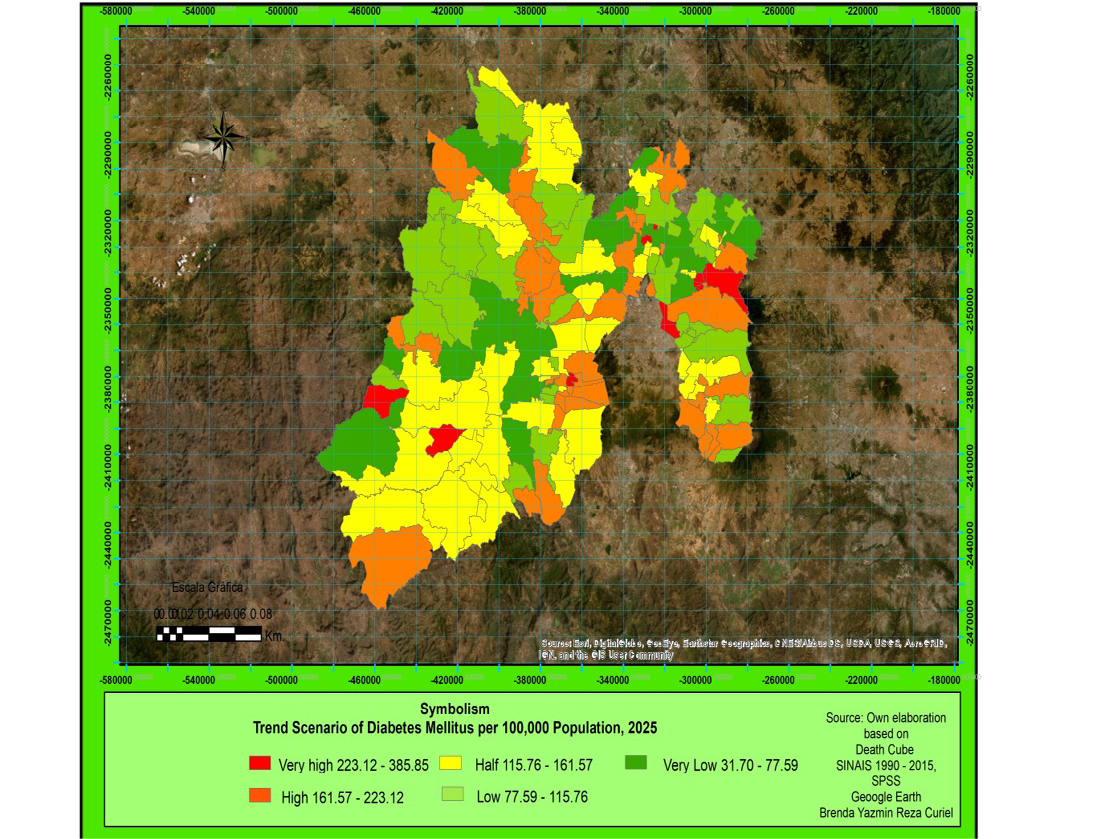 Figure 3: Spatial distribution of the trend scenario of mortality due to Diabetes Mellitus, State of Mexico: 2025.