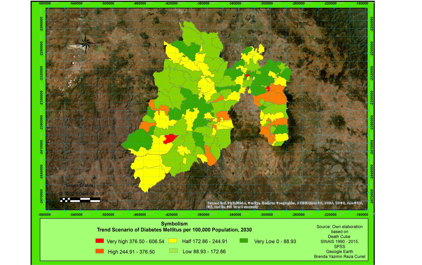 Figure 4: State of Mexico: Spatial distribution of the trend scenario of mortality due to Diabetes Mellitus, 2030.