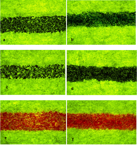 Figure 7: Different intensity of fluorescence observed in the samples kept in an air-conditioned room for 30 days a) Cello finegrip blue ball b) Add achiever blue gel c) Claro Champ black ball d) Pilot luxor V7 black gel e) Cello butterflow red ball f) Uniball signo gelstick red gel.