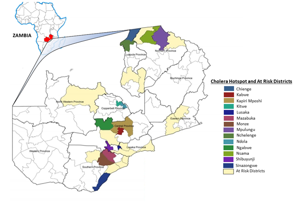 Figure 1: Cholera hotspots and at-risk districts in Zambia.