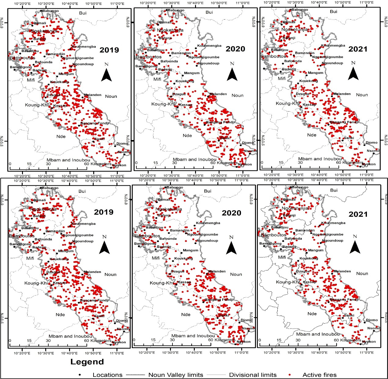 Figure 5: Human-induced fires in the Noun Valley from 2019 – 2021. Source: MODIS active fire product Archives (NASA, 2022)