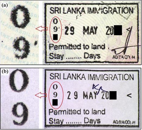 Figure 3: A: The Questioned Residence Permit Card; B: The Questioned Residence Permit Card with Photograph Physically Removed Featuring Two Additional Cellophane Layers that Carry a Printed Photograph and Coat of Arms; C: Black Strip on the Reverse Side of the Residence Permit Card; D: Enlarged Image of the Cardholder on the Black Strip.