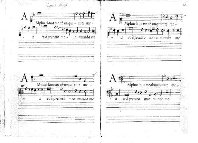 Figure 2: One of the most exquisite examples of Renaissance polyphonic singing, where the experiences of personal dis-similitude and togetherness are superbly blended in a unique composition: facsimile of fragment of the (alleged) score of Gregorio Allegri’s _Miserere_, showing the lines (in Latin) _“(…) Amplius lava me ab iniquitate mea /_ _Et a peccato meo mundo me / (…)”_ (Allegri’s lyrics, modified after the biblical _Psalm 51_) (see also2).