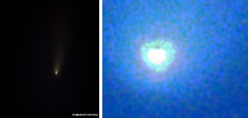Figure 6: 6(a) Image of Comet C2023/A3 imaged from the observatory using the 8” telescope on 16 October 2024. 6(b) The processed image shows the coma and the nucleus.