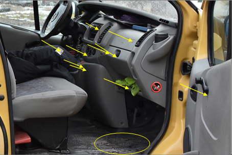 Figure 2: Distribution of the Blood Stains on the Jackel Level, on the Dashboard in the Center and in Front of the Passenger, on the Passenger Door Mask and on the Floor in Front of the Passenger Seat.