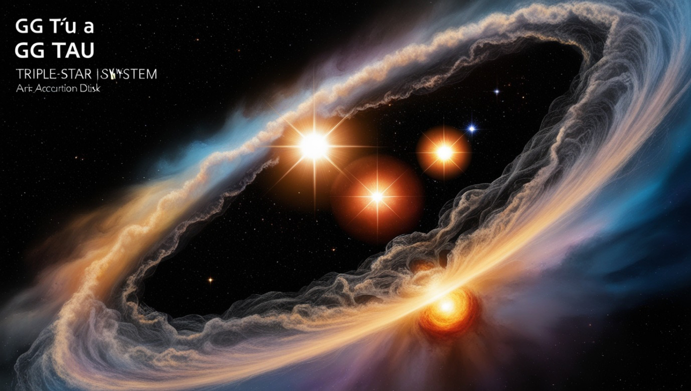 Figure 1: GG Tau A Protoplanetary Disk: Visualizing gas and dust influenced by triple-star gravity.