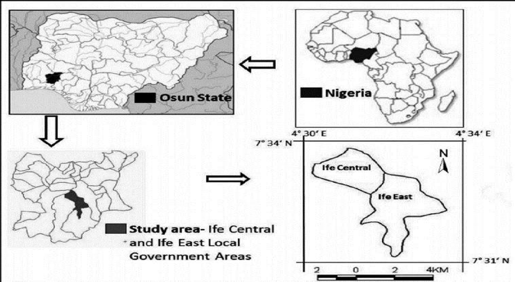 Figure 1: Map showing Ife East and Ife Central Local Government Areas of Ile Ife, Osun State, Nigeria.