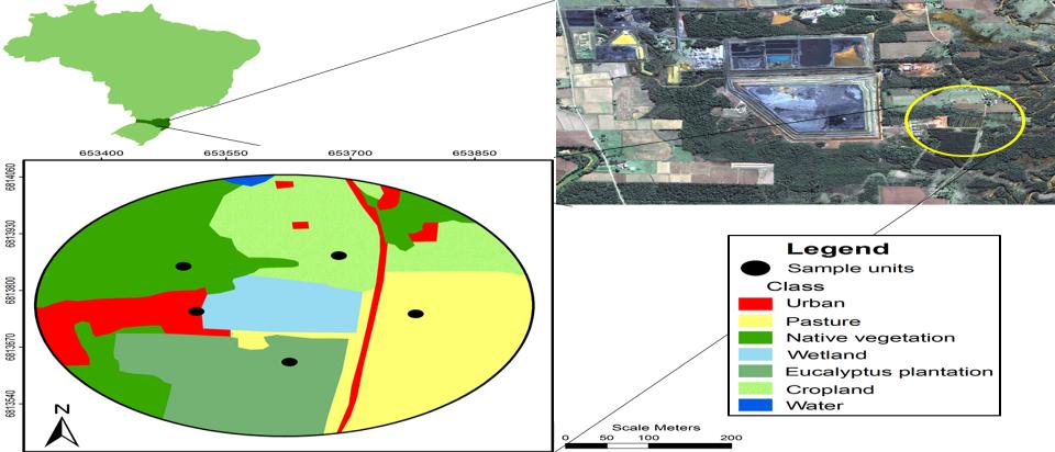 Figure 1: The study region location in southeastern Brazil in the State of Santa Catarina. The large-scale map illustrates in detail the landscape and the locations of the sample units (black dots).