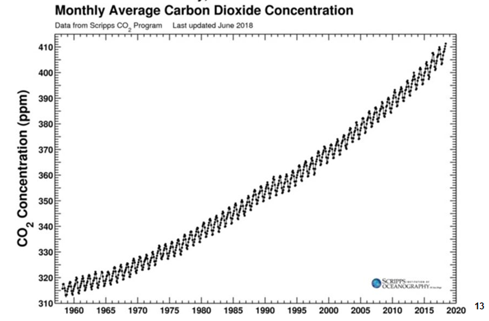 Figure 1: The Keeling Curve of Daily CO2 Levels from 1960-2020 [13].