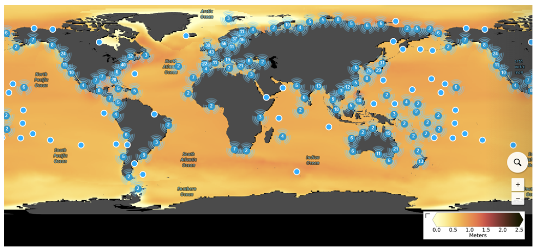 Figure 5: The Number of Major Cities at Risk at 2100 in a High Emissions Scenario (Nasa.gov) [66].