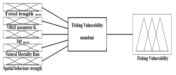Figure 4: Fuzzy inference system variables (Inputs: TLmax, M, S, K, Tmax; Output: FV).