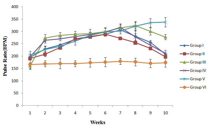 Figure 4: Effect of salt diet and nutraceutical supplementation on pulse rate of salt-loaded rats. Week 1-6: salt diet only, week 6-10: salt diet plus supplements, Group I: salt loaded treated with 250mg/kg of nutraceutical, Group II: salt loaded treated with 500mg/kg of nutraceutical, Group III: salt loaded treated with 10mg/kg of nifedipine, Group IV: salt loaded treated with 500mg/kg of nutraceutical + 10mg/kg of nifedipine, Group V; salt-loaded untreated, Group VI: control. The result of the mean percentage weight gain of the rats in all the groups and mean percentage reduction in SBP, MABP and PR are presented in Figures 5 and 6 respectively. The result indicated that the salt-loaded untreated and salt-loaded treated with 10mg/kg of nifedipine are gained more weight (42.4±1.76%) and (37.02±0.88%) respectively than all other groups. The group that gained the least weight (18.3±0.65%) was the group supplemented with 500mg/kg of nutraceutical. The result also showed that supplementation decreases the SBP, MABP and PR, rats supplemented with 500mg/kg of nutraceutical have the highest % reduction (27.42±2.52%) and (12.85±1.22%) in SBP and MABP respectively while groups supplemented with 10mg/kg of nifedipine have the lowest % reduction (23.22±0.97%) and (10.23±0.76%) in SBP and MABP respectively. It was observed that rats supplemented with 500mg/kg of nutraceutical + 10mg/kg have the highest % reduction (47.78±0.05%) in PR while group supplemented with 10mg/kg of nifedipine have the lowest % reduction (39.46±0.24%) in PR.
