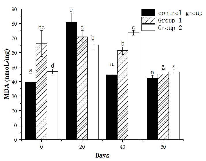 Figure 2: Effect of different gingerol feeding frequencies on the body weight of M. nipponense. No same lowercase letters indicate statistically significant differences using t- test at 5% probability between each treatment.